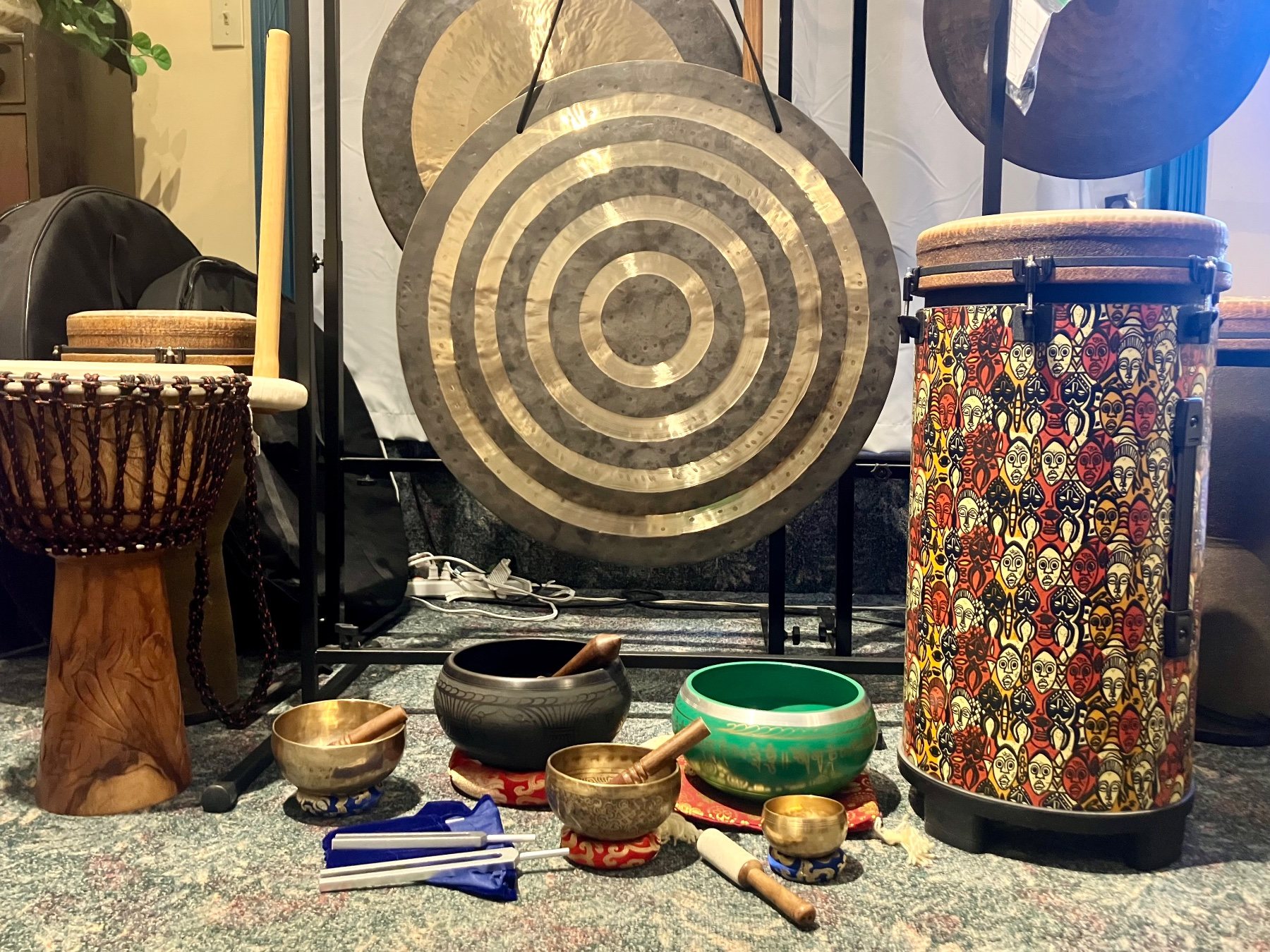 Gongs and singing bowls for sound healing at Segel Violins in Troy, NY