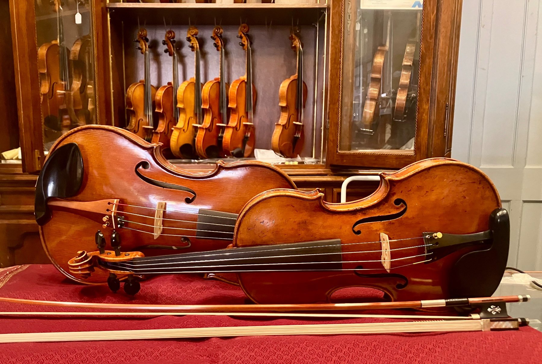 Violins, violas and bows on display at Segel Violins in Troy, NY